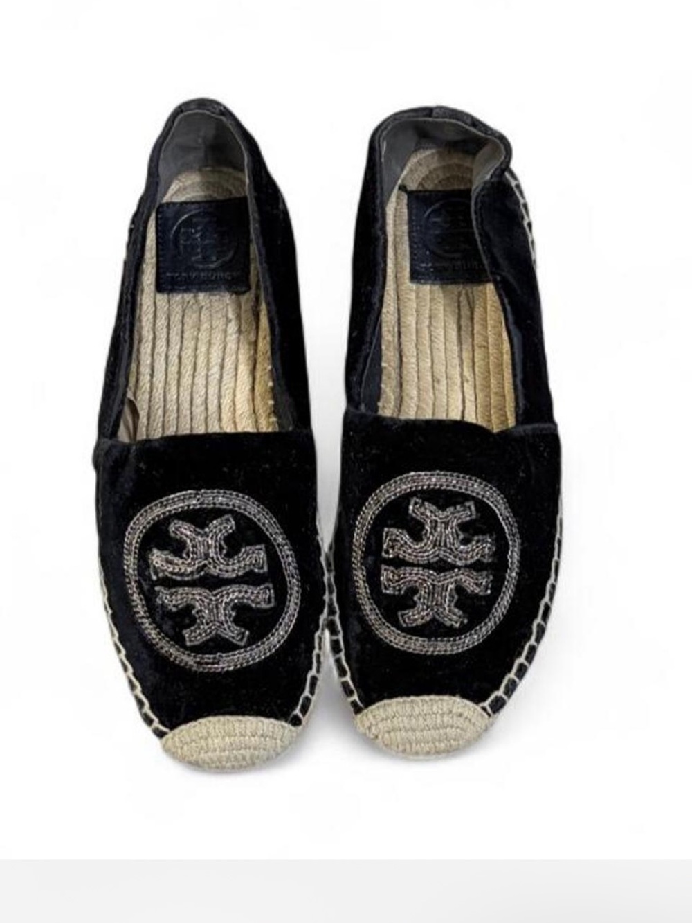 Tory Burch Black Velvet Espadrille Flats with Silver Logo Accent